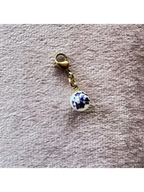 18K PVD Gold White Glass Bead Charm With Blue Floral Print & Gold Lobster Clasp - Picture 7 of 11